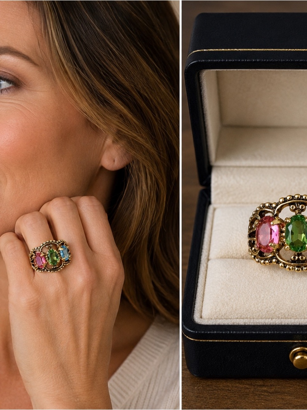 SETA Signed Uranium Glass & Gold-Tone Pink & Green Gemstone Statement Ring Sz 8